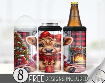Cute Highland Cow Can Cooler Wrap, Xmas 16 oz 4-in-1 Cooler Sublimation, Christmas 16Oz Tumbler File, Buffalo Check Holiday Design File PNG
