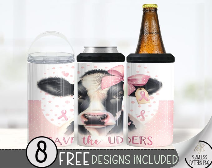 Save The Udders 4 in 1 Can Cooler Wrap, Breast Cancer Awareness Sublimation Design, Pink Awareness Breast Cancer Survivor 16 oz Tumbler PNG
