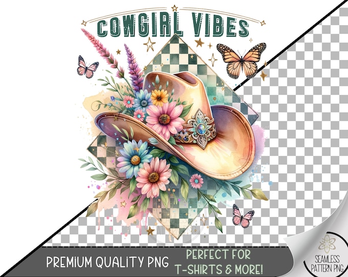 Cowgirl Vibes Sublimation PNG, Boho Cowgirl Hat with Flowers and Butterflies, Country Western Clipart for Craft Projects, A366