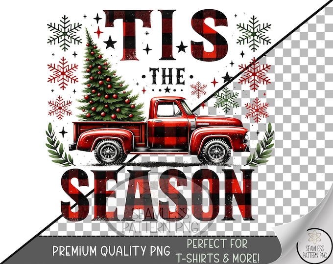 Rustic Sublimation Design, Christmas Truck UV DTF Graphic, Festive Clip Art, Red Vintage Truck with Tree, Snowflakes, Plaid A473