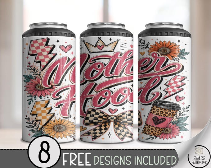 Motherhood 4in1 Can Cooler Wrap, Retro Mom Sublimation Design, Digital Download, B10547