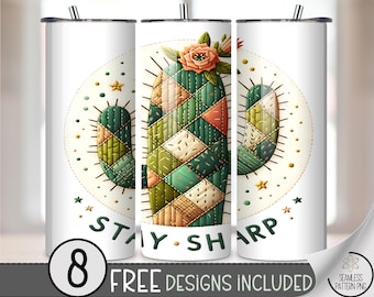 Catcus Patchwork 20 oz tumbler wrap: Stay Sharp Sublimation Design for Skinny Tumblers, Southwest Boho PNG Files A715