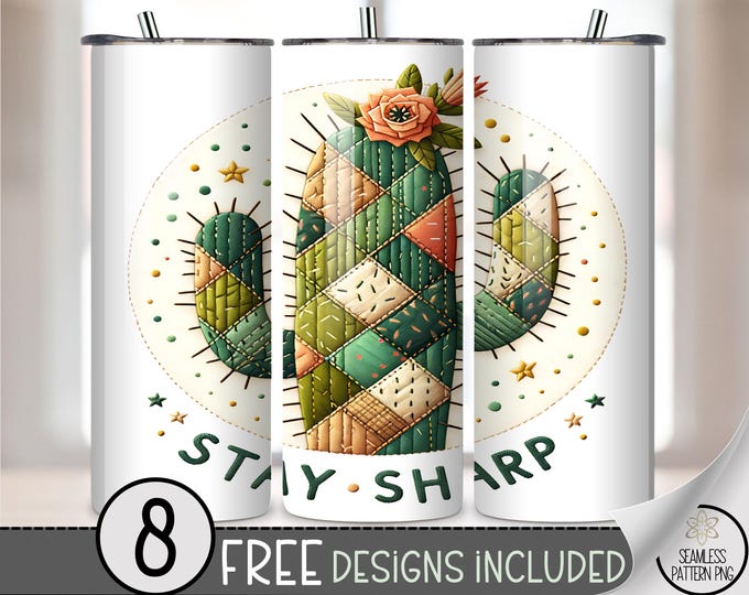 Catcus Patchwork 20 oz tumbler wrap: Stay Sharp Sublimation Design for Skinny Tumblers, Southwest Boho PNG Files A715