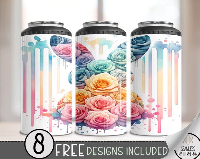 Bunny 4 in 1 Can Cooler Wrap, Floral Easter 4in1 Tumbler PNG, Watercolor Drip 16 Oz Can Cooler Sublimation Design,Rose Hard Can Design, A128