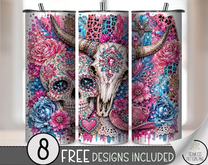 Sugar Skull Steer 20oz Tumbler Wrap, Boho Glam Sublimation Design, Vibrant PNG Files, Digital Download, B10506