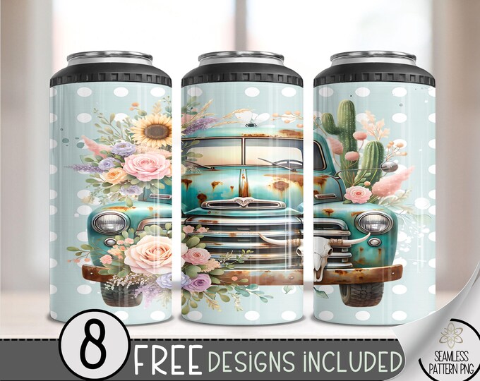 Western Truck 4 in 1 Can Cooler Wrap, Vintage Teal Truck 4in1 Tumbler PNG, Country Desert 16 Oz Can Cooler Sublimation Design, Floral PNG