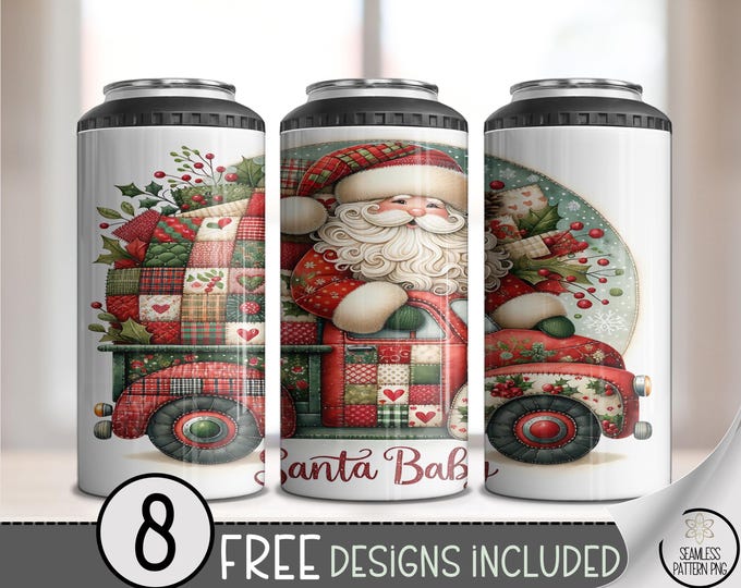 Santa 4in1 Can Cooler Wrap, Faux Patchwork Sublimation Design, Vintage Pickup Truck with Gifts and Tree 16 oz 4-in-1 File, A708