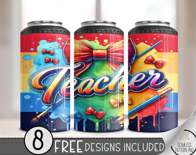 Teacher 4 in 1 Can Cooler Wrap, Teaching Appreciation 4in1 Tumbler PNG, Back To School 16 Oz Can Cooler Sublimation Design, A81
