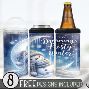 Snowman 4 In 1 Can Cooler Tumbler Wrap, Frosty Winter Sublimation Design, Sleepy 16 Oz Slim, Moon Snow 16 Oz Can Cooler Sublimation Design