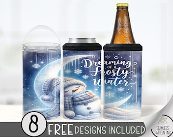 Snowman 4 In 1 Can Cooler Tumbler Wrap, Frosty Winter Sublimation Design, Sleepy 16 Oz Slim, Moon Snow 16 Oz Can Cooler Sublimation Design