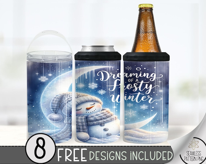 Snowman 4 In 1 Can Cooler Tumbler Wrap, Frosty Winter Sublimation Design, Sleepy 16 Oz Slim, Moon Snow 16 Oz Can Cooler Sublimation Design