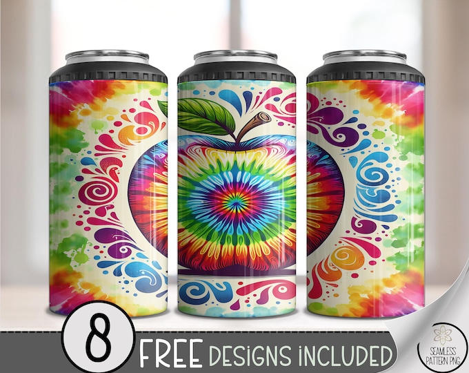 Rainbow Tie Dye Can Cooler Wrap, Digital Download, 4 in 1 Seamless Sublimation Design, Teacher Appreciation Colorful PNG File, A592