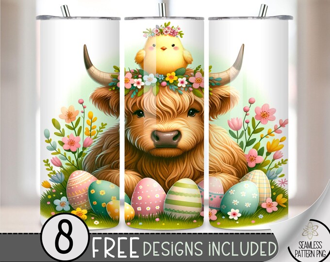 Highland Cow Easter Tumbler Wrap, Bunny Floral 20oz Skinny Tumbler Sublimation Design, Egg Easter Tumbler Wrap File PNG, Seamless Floral