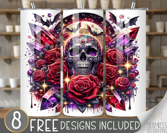 Floral Skull Tumbler Wrap, 20oz Skinny Sublimation Tumbler Design Skull With Rose Glitter Flower and Skull Tumbler Wrap PNG Instant Download