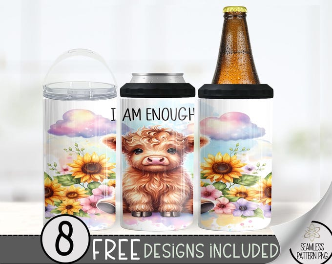 Highland Cow Can Cooler Design, Affirmation Sublimation Design, Watercolor Cow 4 In 1 Can Cooler, 16 oz Sunflower Can Holder Design Wrap PNG