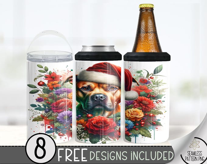 Christmas Pit 4in1 Can Cooler Design, Cute Pittbull Sublimation Design, Floral 4 In 1 Can Cooler, Pitt Bull 16 oz Can Holder Design Wrap