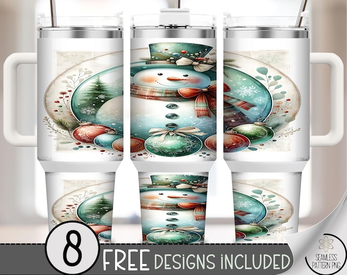 Frosty style 40 oz Tumbler Wrap: Snowman Sublimation Design, Cheerful Christmas PNG Files with Holiday Ornaments, A552