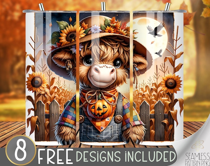 Cute Scarecrow Tumbler Wrap, Autumn Highland Cow 20oz Skinny Sublimation Design with Sunflowers, Fall Tumbler Decor, Farm 20 oz Straight