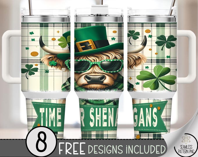 St. Patrick's Day Highland Cow 40 oz Tumbler Wrap, Festive Sublimation Design, Cartoon Holiday PNG Files, Playful 40oz Tumbler Design A798