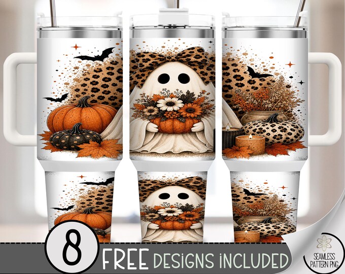 Cute Ghost 40oz Tumbler Wrap, Leopard Bow Sublimation Design, Fall Pumpkin PNG, Digital Download, B10520