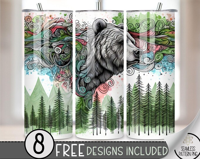 Grizzly Bear Zentangle PNG Tumbler Wrap, 20 Oz Skinny Sublimation Tumbler Design, Watercolor Bear Seamless Design, Hunting Instant Download