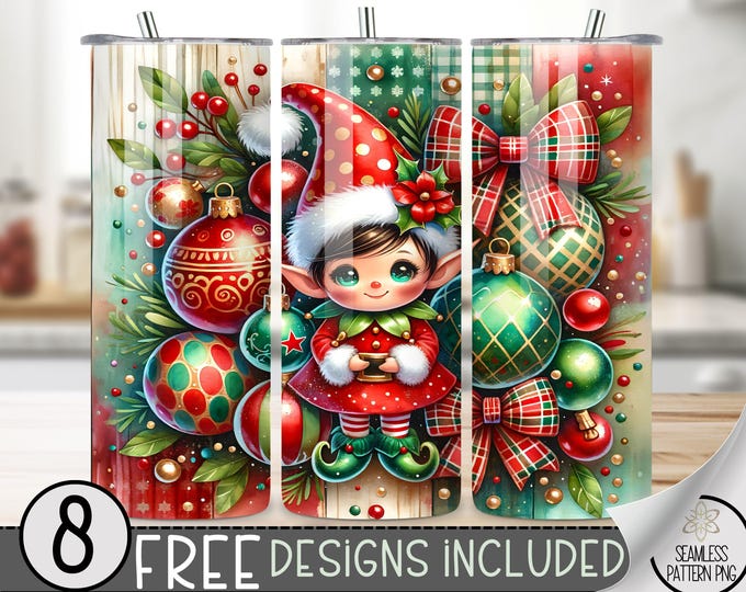 Christmas Elf Tumbler Wrap 20Oz, Xmas High Resolution 300 Dpi PNG, Holiday Instant Download Elf Seamless Sublimation Design, Xmas Ornament