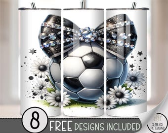 20oz Soccer Tumbler Wrap, Rhinestone Bow Floral PNG, Glam Soccer Ball Sublimation Design, Sparkly Sports Mom Skinny Wrap, A368