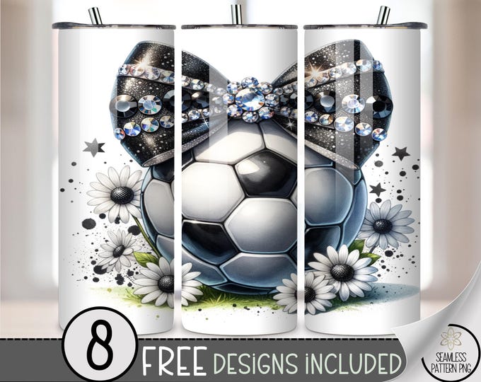 20oz Soccer Tumbler Wrap, Rhinestone Bow Floral PNG, Glam Soccer Ball Sublimation Design, Sparkly Sports Mom Skinny Wrap, A368
