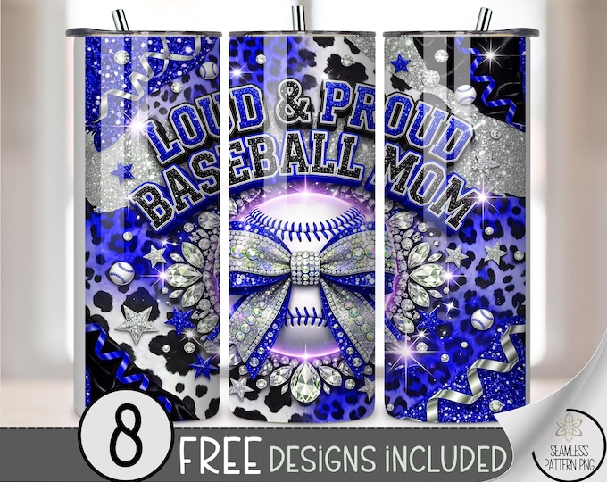 Baseball Mom 20 oz Tumbler Wrap, Loud And Proud Sublimation Design for Straight Tumblers, Bling PNG Files, Leopard Print Tumbler Art B10134