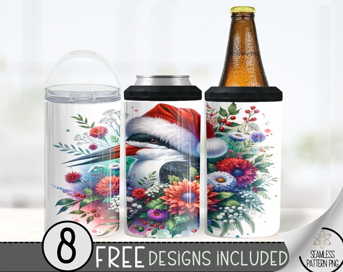Christmas Bird 4in1 Can Cooler Design, Black Skimmer Sublimation Design, Floral 4 In 1 Can Cooler, Santa Hat 16 oz Can Holder Design Wrap