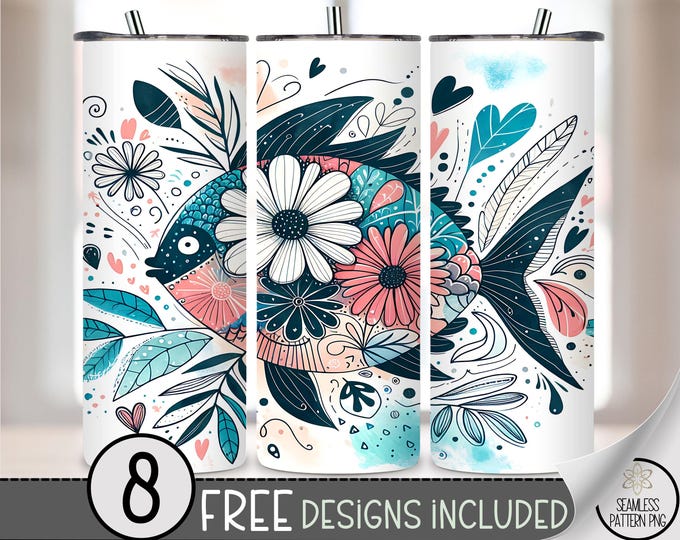 Tropical Fish 20 oz PNG Tumbler Wrap, Cute Turtle Sublimation Design, Ocean Life Digital Download,Ocean Soul PNG, Boho Fish Doodle File A205