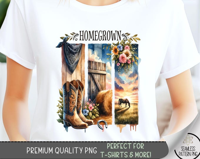 Homegrown T-Shirt Design, Bandana Southern PNG, Horse Sweatshirt PNG, Watercolor Cowboy Art, Country Sublimation Designs for Shirts, A95