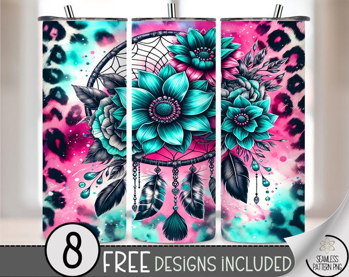 Pink Teal Leopard Dreamcatcher 20 oz Tumbler Wrap, Boho Floral 20 oz Skinny Tumbler File, Seamless Tumbler Sublimation Design, A406