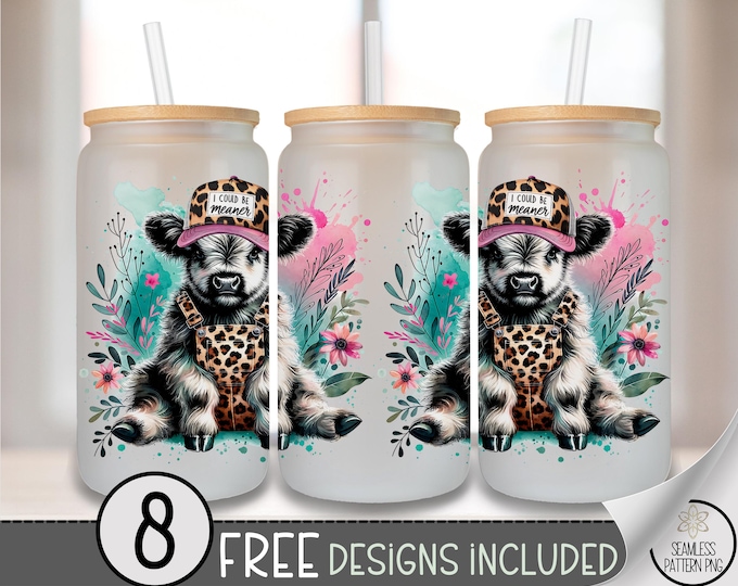 I Could Be Meaner Glass Can Wrap, Rustic 16oz Glass Tumbler Sublimation Design, Sassy Highland Cow PNG File, Farmhouse Boho Wrap, A501