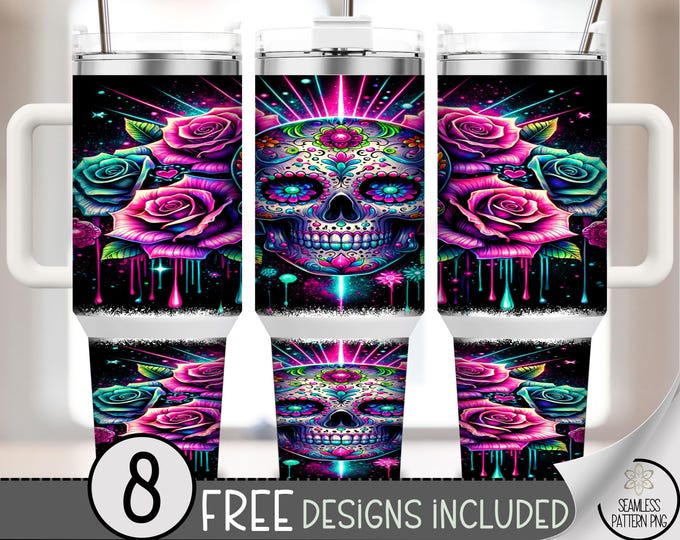 Vibrant Skull 40 oz Tumbler Wrap PNG, Digital Download for Sublimation, Neon Skull and Flowers, Teal and Pink, A589