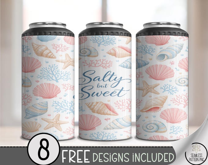 Summer Beach 4-in-1 Can Cooler Wrap, Seashells and Starfish Sublimation Design, Pastel 16 oz, Digital Download, B10221