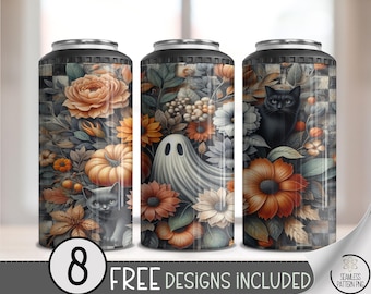 4-in-1 Tumbler Wrap Ghost Cat Floral PNG, Neutral Halloween Sublimation, Seamless Fall Pumpkin Wrap, Spooky Autumn Can Cooler PNG, A393