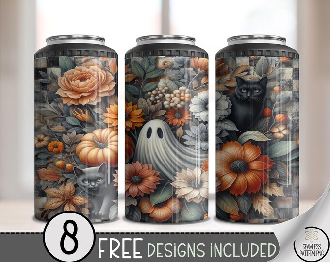 4-in-1 Tumbler Wrap Ghost Cat Floral PNG, Neutral Halloween Sublimation, Seamless Fall Pumpkin Wrap, Spooky Autumn Can Cooler PNG, A393