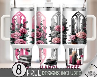 Floral Romance 40oz Tumbler Wrap, Books & Coffee Tumbler Sublimation Design,Smutty Book Goth Adult 40oz Quencher Tumbler Wrap PNG, A126