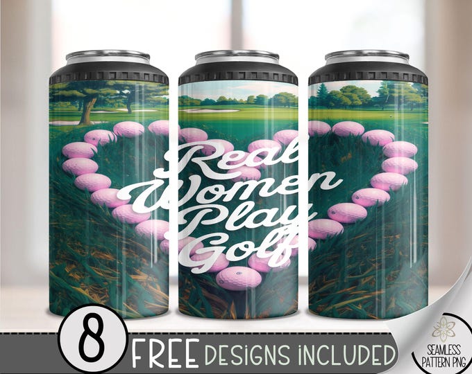 Funny Women Golf 4 in 1 Can Cooler Wrap, Real Women Play Golf Sublimation Design, Girl Golfing 4in1 Tumbler PNG, Golf Balls 16 Oz Can Cooler