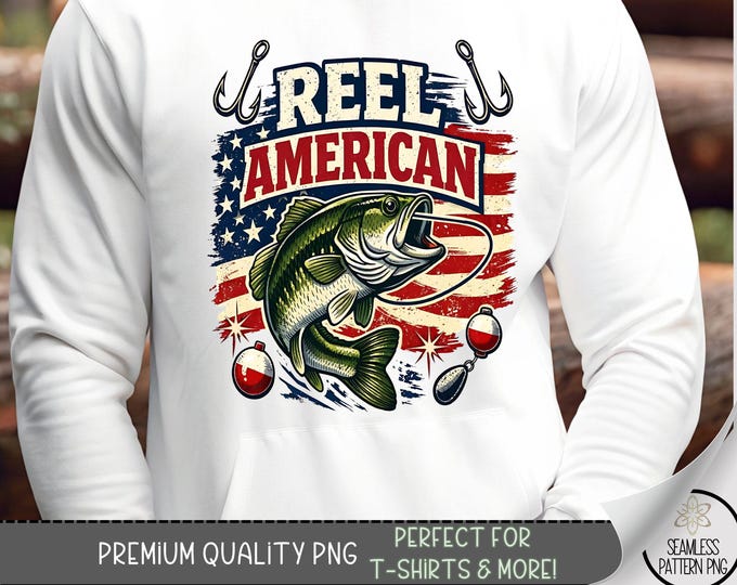 Reel American PNG, Patriotic Bass Fishing T-Shirt, Rustic American Flag, Digital Download, B1004