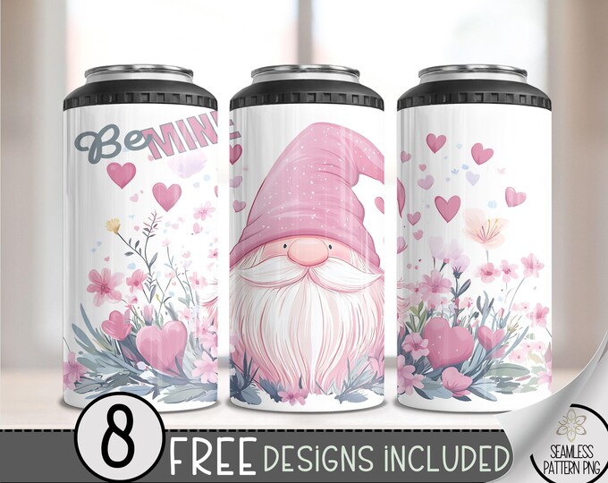 Seamless Valentine Gnomes 4in1 Can Cooler Wrap,Faded Vday Sublimation Design,Love 16 Oz Can Cooler Design File,Cute Gnome 4 in 1 Tumbler PNG