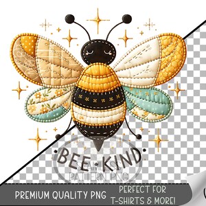 Puede incluir: Ilustración de una abeja colorida con el texto "BEE KIND" y "PREMIUM QUALITY PNG". La abeja tiene alas y cuerpo de patchwork, con detalles en amarillo, negro y azul. Estrellas doradas rodean la abeja, ideal para camisetas y más.