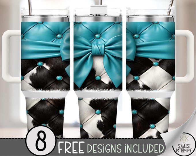 Teal Coquette PNG 40 oz Tumbler Wrap, Faux Leather Bow Sublimation Design, Cowhide Digital Download, B983