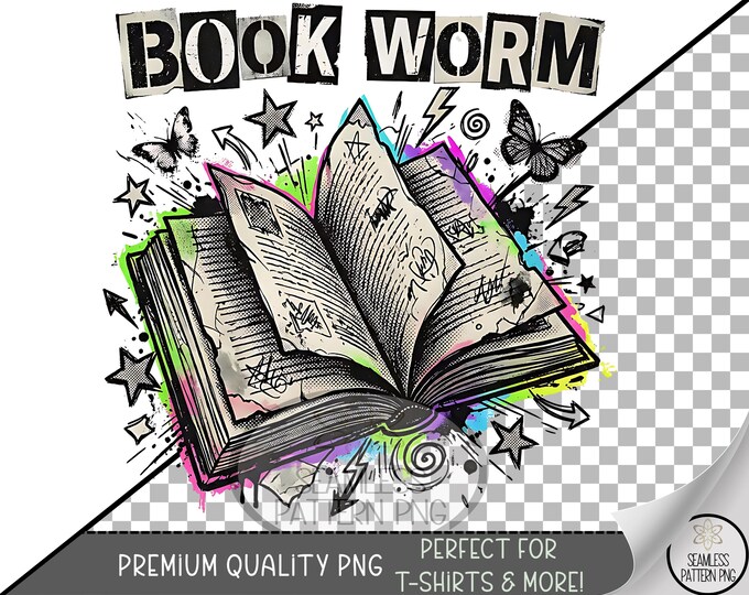 Bookworm PNG, UV DTF Sublimation Design, Pop-Art Design, Digital Download, B934
