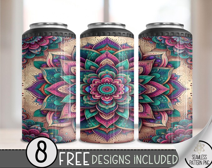 Seamless Mandala 4 in 1 Can Cooler Wrap, Boho 4in1 Tumbler PNG,Floral Pattern 16 Oz Can Cooler Sublimation Design Hippie Circle PNG Hard Can