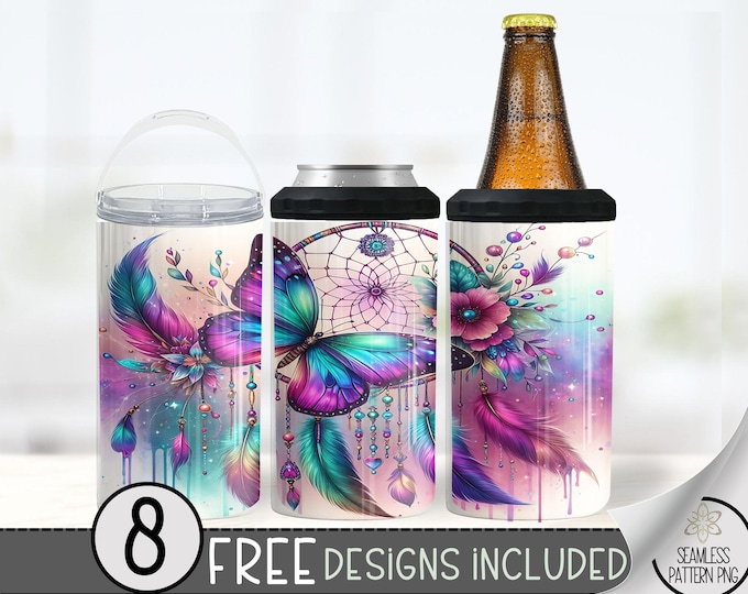 Boho Dreamcatcher Butterfly Floral 4in1 Can Cooler Wrap, Floral 4 in 1 Tumbler PNG, Seamless Ethereal 16 Oz Can Cooler Sublimation Design