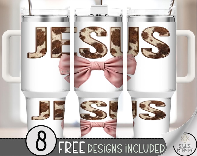 Jesus 40 oz Tumbler Wrap, Cowhide and Bow Sublimation Design, Rustic Faith PNG Files, Feminine 40oz Tumbler Design for Sublimation, B10028