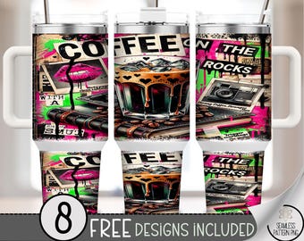 Coffee on the Rocks 40 oz Tumbler Wrap PNG, Grunge Coffee Wrap with Smut Theme, Neon Retro Collage, Iced Coffee Design for Sublimation A279