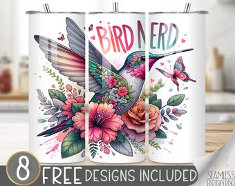 Bird and Flowers Tumbler Wrap, Bird Tumbler, Bird Sublimation Design, Bird 20oz Skinny Tumbler Sublimation Designs Birds, Bird Nerd PNG